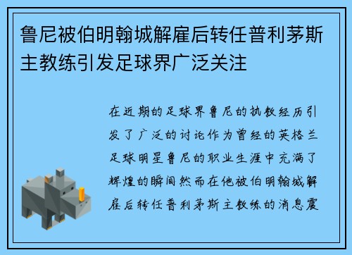鲁尼被伯明翰城解雇后转任普利茅斯主教练引发足球界广泛关注